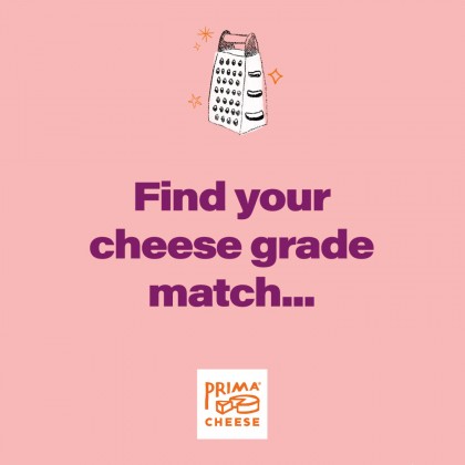 Pink background overlaid with purple text. It says, Find Your Cheese Grade Match. A black and white illustration of a cheese grater is positioned above it.