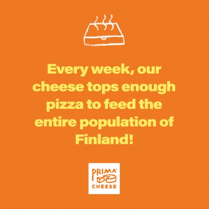 Yellow text against an orange background. The text says: Every week, our cheese tops enough pizza to feed the entire population of Finland!
