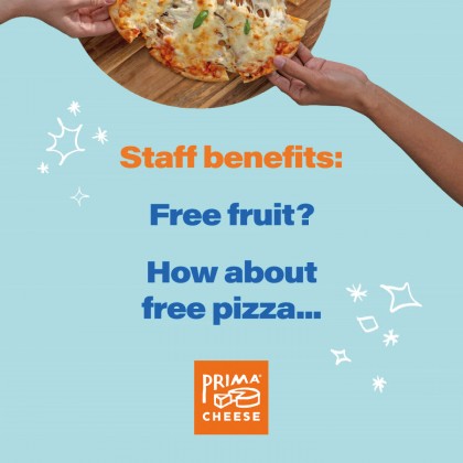 Two hands pull away a cheesy slice of pizza. Dark blue and orange text is displayed below it against a pale blue background. It says: Staff Benefits. Free Fruit? How about free pizza.